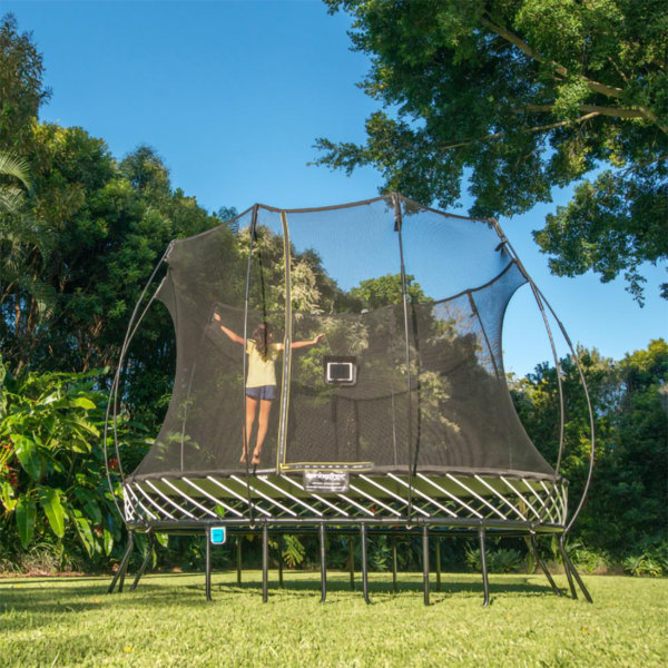 Springfree trampoline shop with basketball hoop